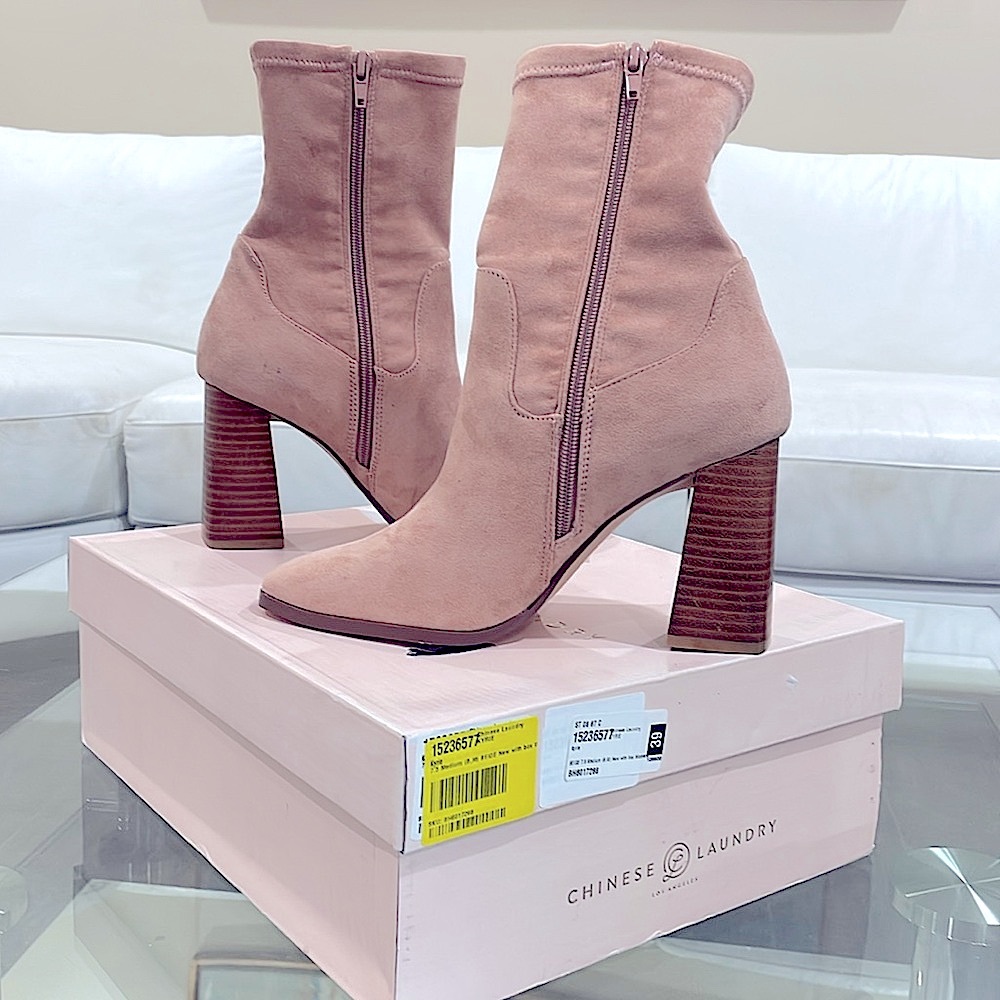 NEW Chinese Laundry 7.5 blush pink tan suede square toe zipper ankle boots NIB